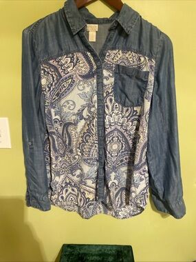 Chico's Blue Paisley-Panel Denim-Accent Button-Down Shirt